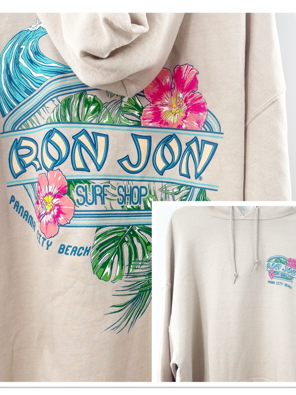 RON JON SURF SHOP Hoodie Tan Floral Wave Panama City Beach Size 2XL